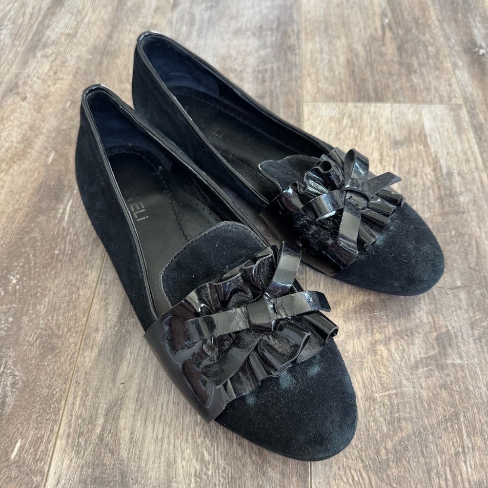 Vaneli Genie Elegant Black Suede Loafers with Patent Leather Bow Detail